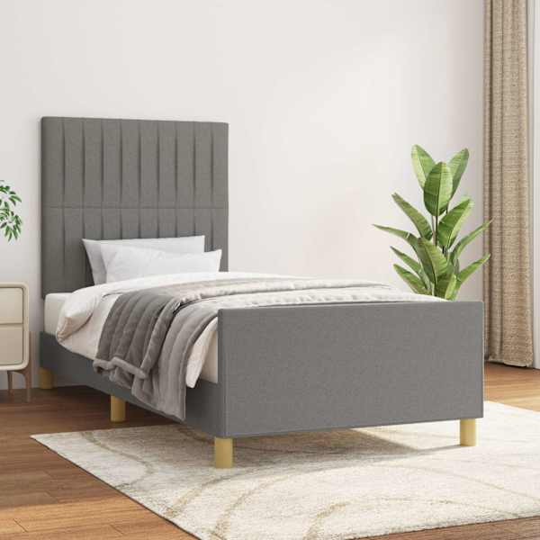 Voodiraam peatsiga, tumehall, 90 × 190 cm, kangas — mudel 3125180