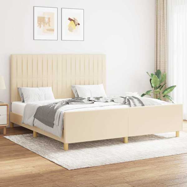 Voodiraam peatsiga, kreemjasvalge, 160 × 200 cm, kangas — mudel 3125232