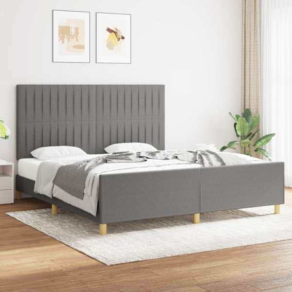 Voodiraam peatsiga, tumehall, 180 × 200 cm, kangas — mudel 3125236