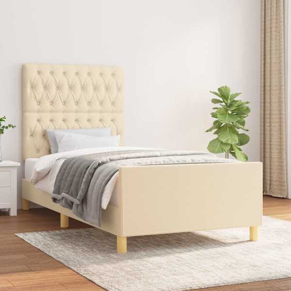 Voodiraam peatsiga, kreemjasvalge, 90 × 190 cm, kangas — mudel 3125265