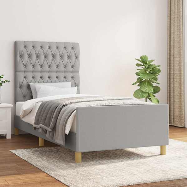 Voodiraam peatsiga, helehall, 90 × 200 cm, kangas — mudel 3125268
