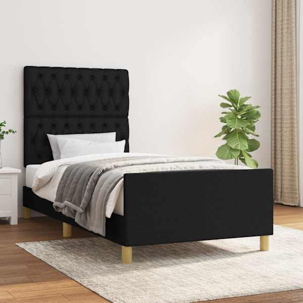 Voodiraam peatsiga, must, 90 × 200 cm, kangas — mudel 3125270