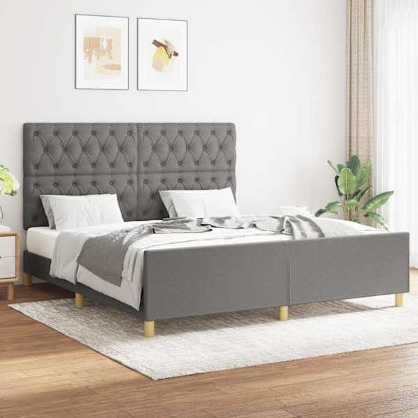 Voodiraam peatsiga, tumehall, 160 × 200 cm, kangas — mudel 3125309