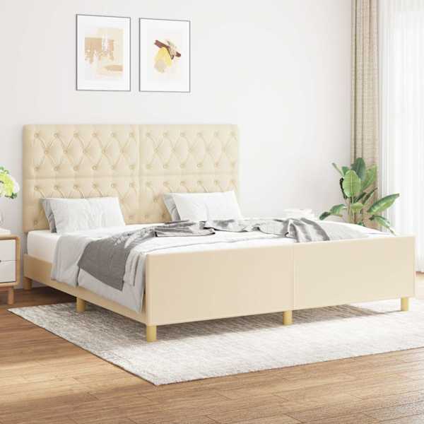 Voodiraam peatsiga, kreemjasvalge, 160 × 200 cm, kangas — mudel 3125313