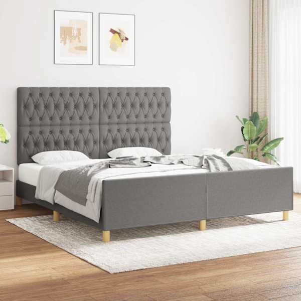 Voodiraam peatsiga, tumehall, 180 × 200 cm, kangas — mudel 3125317