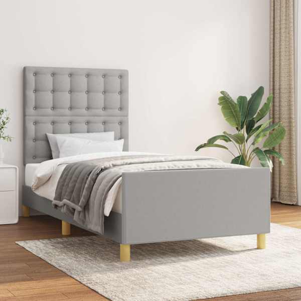 Voodiraam peatsiga, helehall, 90 × 200 cm, kangas — mudel 3125349