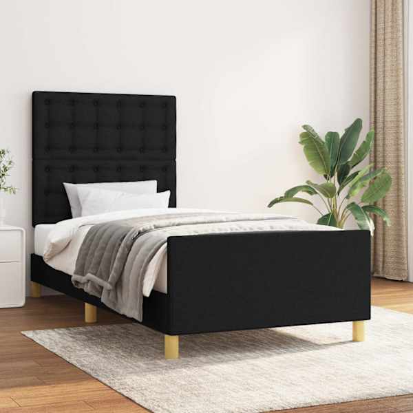 Voodiraam peatsiga, must, 90 × 200 cm, kangas — mudel 3125351