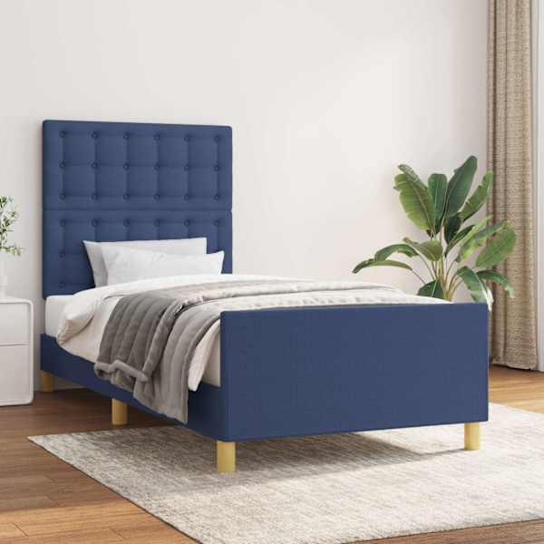 Voodiraam peatsiga, sinine, 90 × 200 cm, kangas — mudel 3125355
