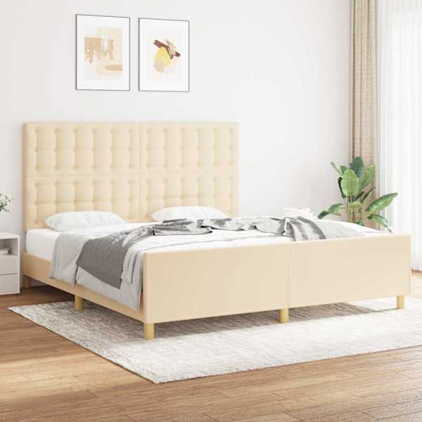 Voodiraam peatsiga, kreemjasvalge, 180 × 200 cm, kangas — mudel 3125402