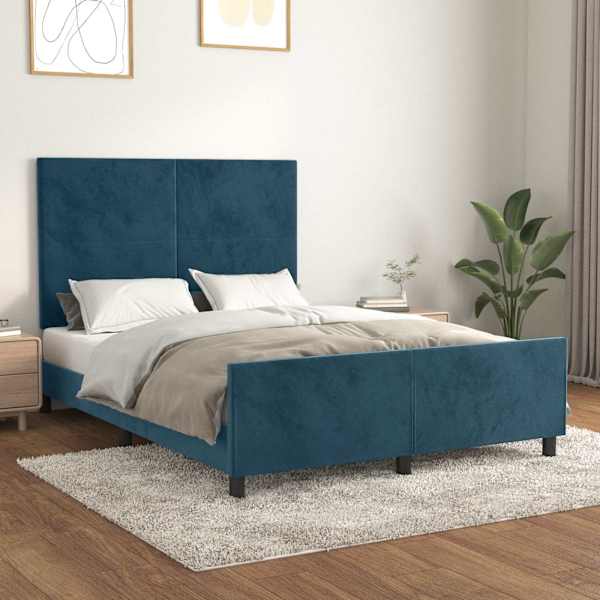 Voodiraam peatsiga, tumesinine, 140 × 190 cm, samet — mudel 3125633