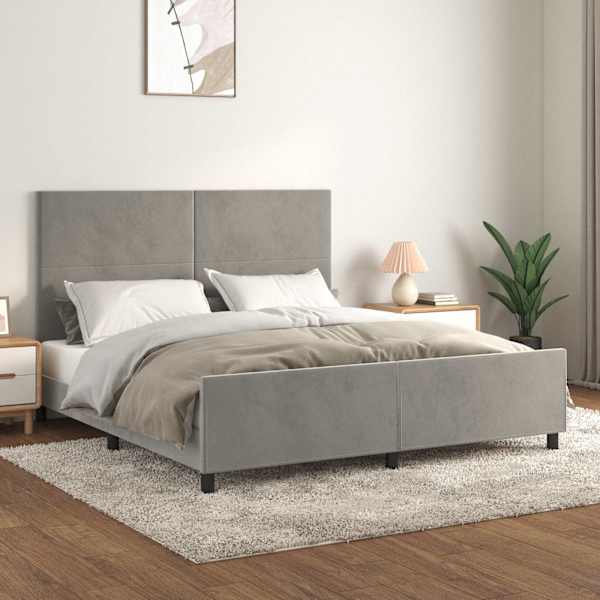 Voodiraam peatsiga, helehall, 160 × 200 cm, samet — mudel 3125641