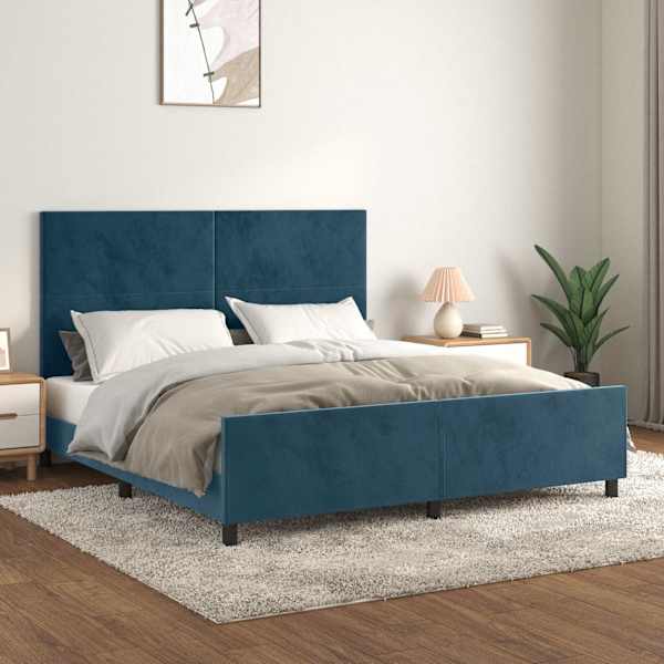 Voodiraam peatsiga, tumesinine, 160 × 200 cm, samet — mudel 3125645