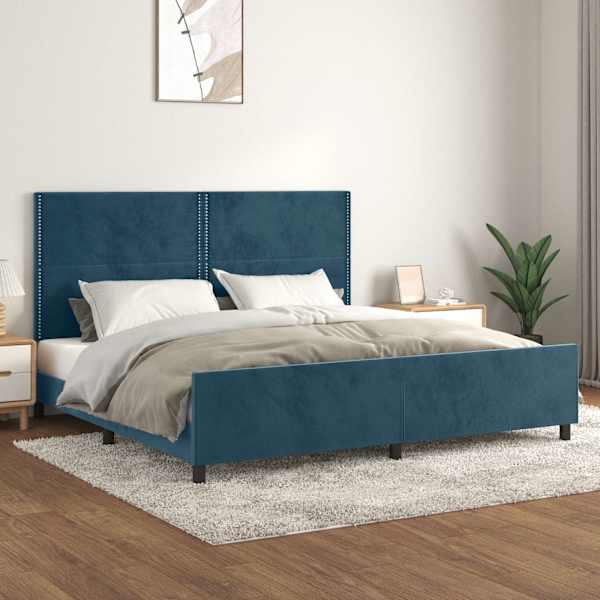 Voodiraam peatsiga, tumesinine, 200 × 200 cm, samet — mudel 3125718