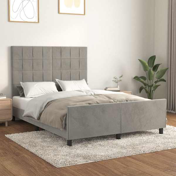 Voodiraam peatsiga, helehall, 140 × 200 cm, samet — mudel 3125757