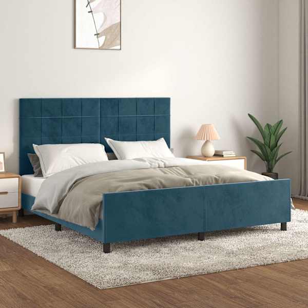 Voodiraam peatsiga, tumesinine, 160 × 200 cm, samet — mudel 3125767