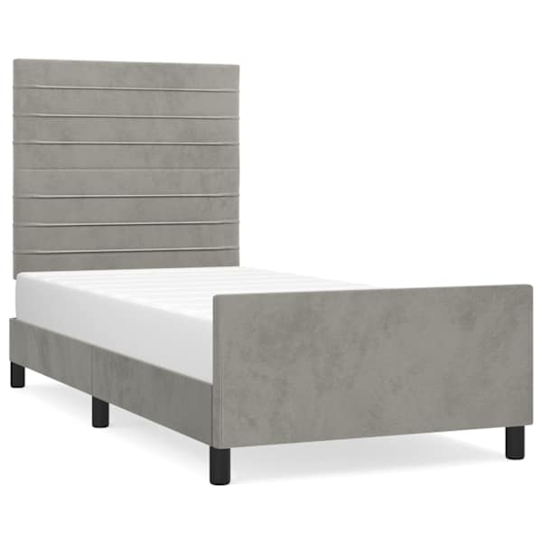 Voodiraam peatsiga, helehall, 90 × 190 cm, samet — mudel 3125788