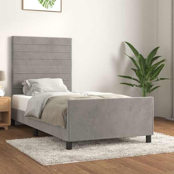 Voodiraam peatsiga, helehall, 90 × 200 cm, samet — mudel 3125794