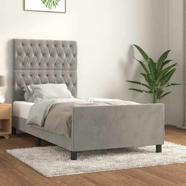 Voodiraam peatsiga, helehall, 90 × 200 cm, samet — mudel 3125916