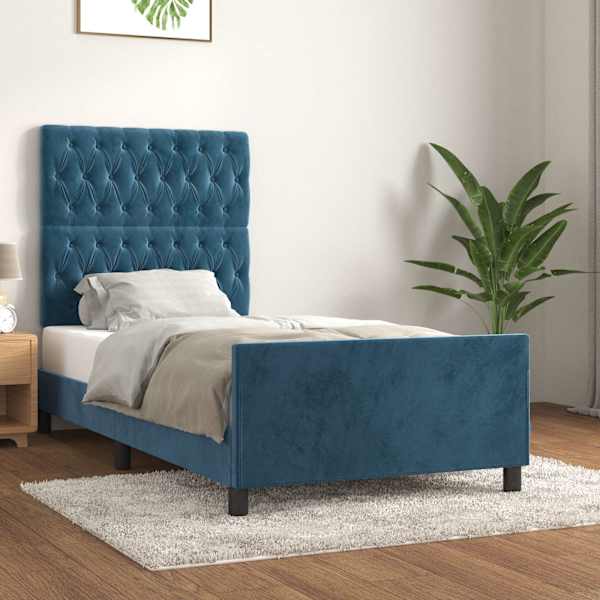 Voodiraam peatsiga, tumesinine, 90 × 200 cm, samet — mudel 3125920