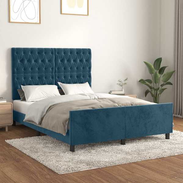 Voodiraam peatsiga, tumesinine, 140 × 200 cm, samet — mudel 3125944