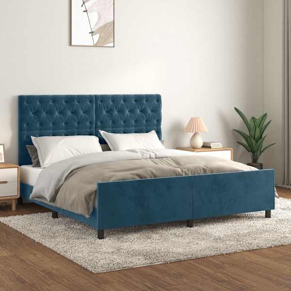 Voodiraam peatsiga, tumesinine, 160 × 200 cm, samet — mudel 3125950
