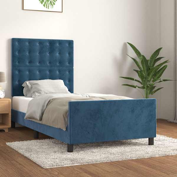 Voodiraam peatsiga, tumesinine, 90 × 190 cm, samet — mudel 3125975