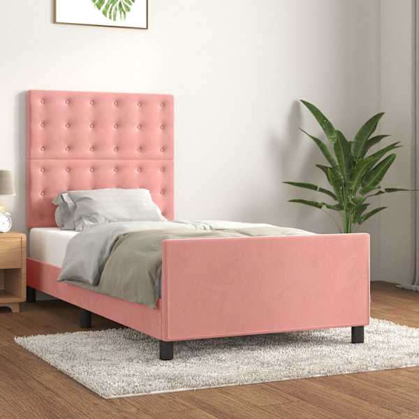 Voodiraam peatsiga, roosa, 90 × 190 cm, samet — mudel 3125976