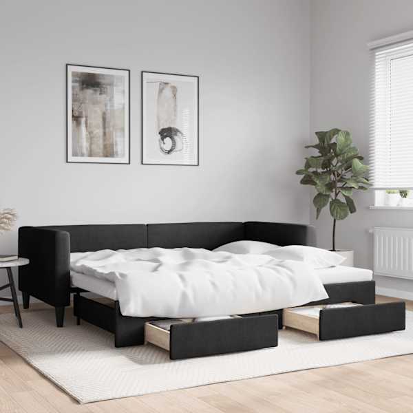 Sahtlitega diivanvoodi väljatõmmatava osaga, must, 90 × 200 cm, kangas — mudel 3196616
