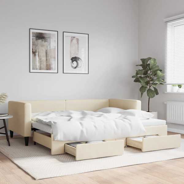 Sahtlitega diivanvoodi väljatõmmatava osaga, kreemjasvalge, 90 × 200 cm, kangas — mudel 3196618
