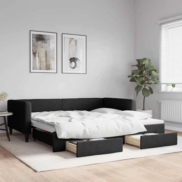 Sahtlitega diivanvoodi väljatõmmatava osaga, must, 100 × 200 cm, kangas — mudel 3196621
