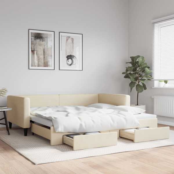 Sahtlitega diivanvoodi väljatõmmatava osaga, kreemjasvalge, 100 × 200 cm, kangas — mudel 3196623