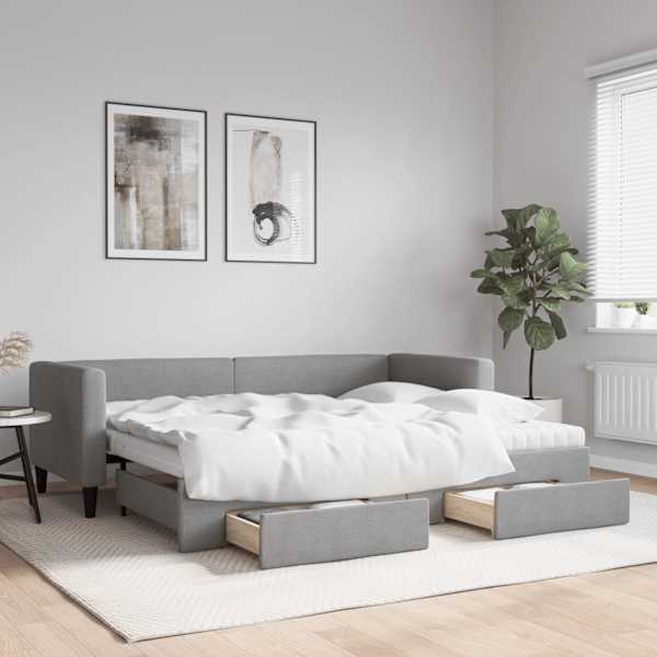 Sahtlitega diivanvoodi väljatõmmatava osaga koos 2 poroloonmadratsiga, helehall, 80 × 200 cm, kangas