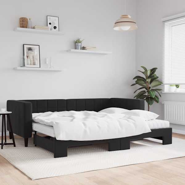 Diivanvoodi väljatõmmatava osaga koos 2 poroloonmadratsiga, must, 90 × 200 cm, samet — mudel 3196719