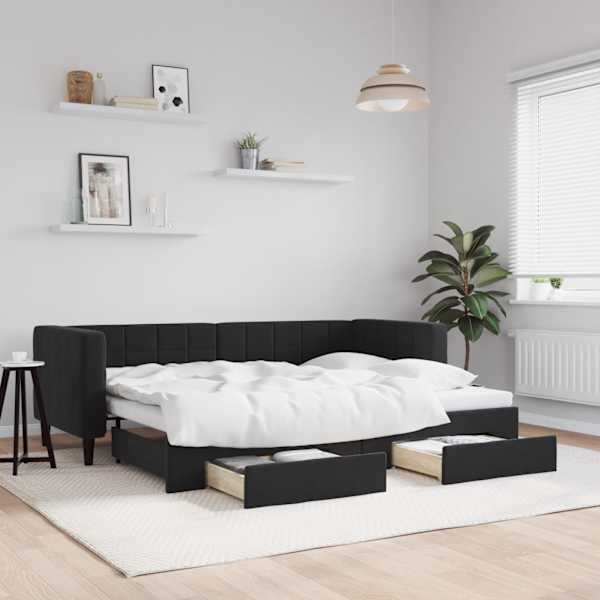 Sahtlitega diivanvoodi väljatõmmatava osaga, must, 80 × 200 cm, samet