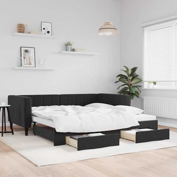 Sahtlitega diivanvoodi väljatõmmatava osaga, must, 100 × 200 cm, samet — mudel 3196750