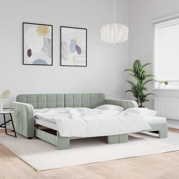 Diivanvoodi väljatõmmatava osaga, helehall, 100 × 200 cm, samet — mudel 3196936