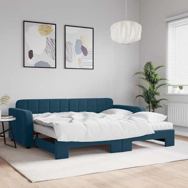 Diivanvoodi väljatõmmatava osaga koos 2 poroloonmadratsiga, sinine, 90 × 200 cm, samet — mudel 3196952