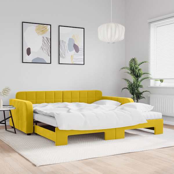 Diivanvoodi väljatõmmatava osaga koos 2 poroloonmadratsiga, kollane, 100 × 200 cm, samet — mudel 3196965