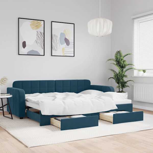 Sahtlitega diivanvoodi väljatõmmatava osaga, sinine, 80 × 200 cm, samet