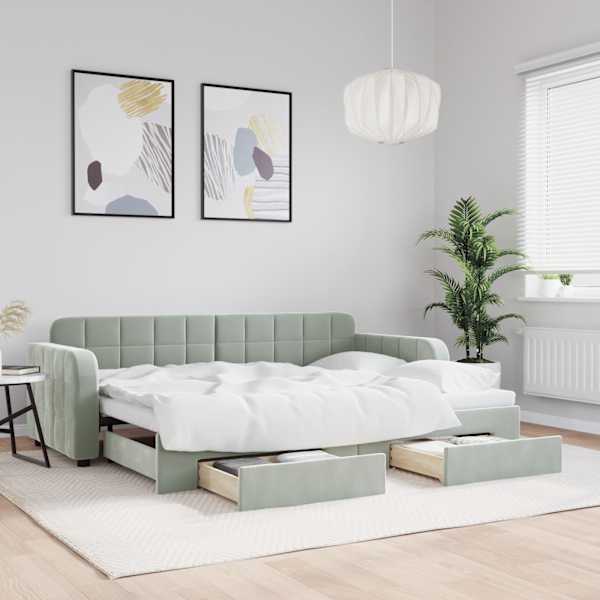 Sahtlitega diivanvoodi väljatõmmatava osaga, helehall, 80 × 200 cm, samet
