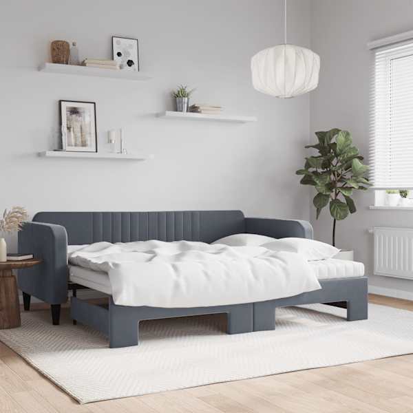 Diivanvoodi väljatõmmatava osaga koos 2 poroloonmadratsiga, tumehall, 90 × 200 cm, samet