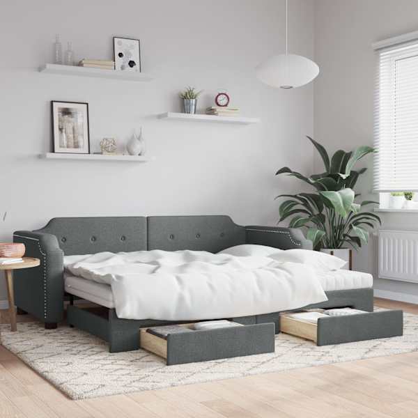 Sahtlitega diivanvoodi väljatõmmatava osaga koos 2 poroloonmadratsiga, tumehall, 80 × 200 cm, kangas