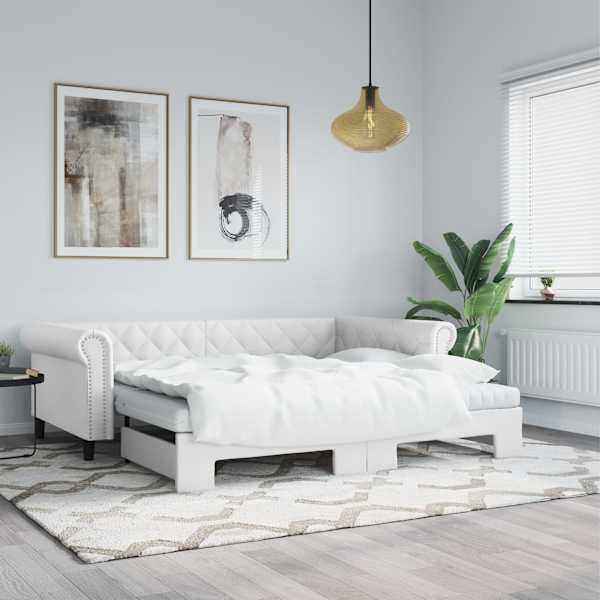 Diivanvoodi väljatõmmatava osaga, valge, 90 × 200 cm, kunstnahk