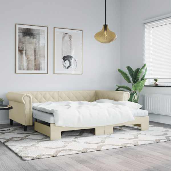 Diivanvoodi väljatõmmatava osaga, kreemjasvalge, 90 × 200 cm, kunstnahk