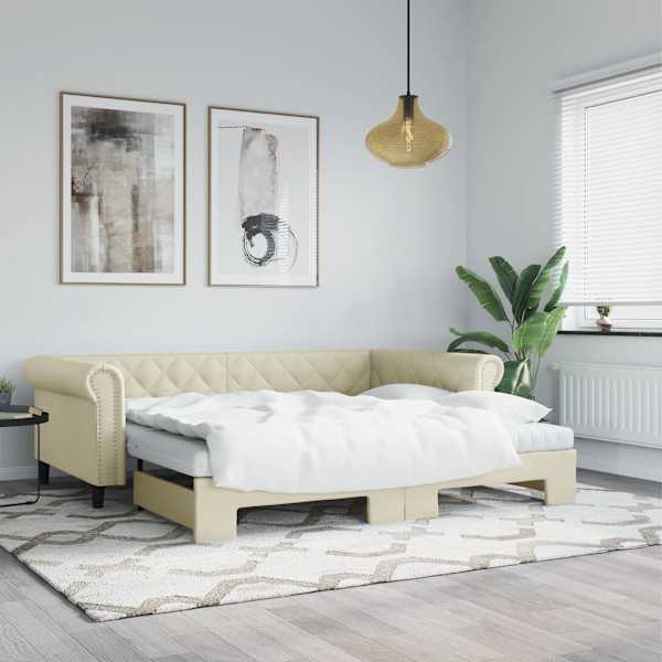 Diivanvoodi väljatõmmatava osaga koos 2 poroloonmadratsiga, kreemjasvalge, 90 × 200 cm, kunstnahk
