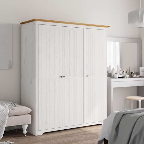 Riidekapp BODO, valge ja pruun, 146 × 53,5 × 173 cm, männipuit