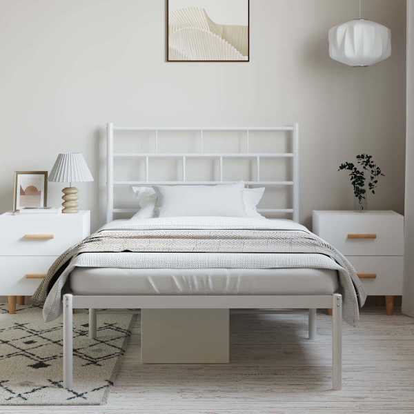 Voodiraam peatsiga, valge, 100 × 190 cm, metall — mudel 355702