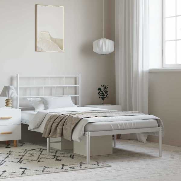 Voodiraam peatsiga, valge, 100 × 190 cm, metall — mudel 355702