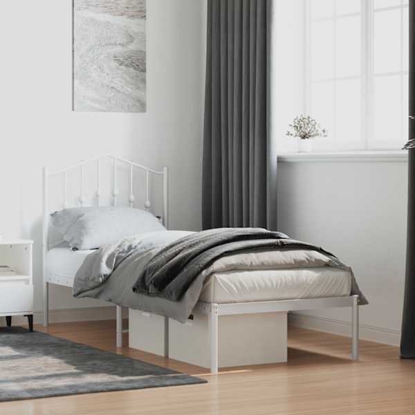 Voodiraam peatsiga, valge, 75 × 190 cm, metall — mudel 373828