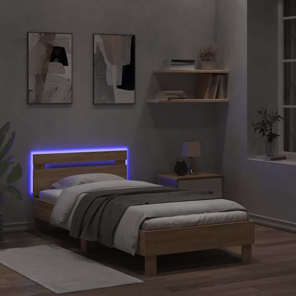 LED-valgustusega voodiraam, sonoma tamm, 100 × 200 cm — mudel 838710